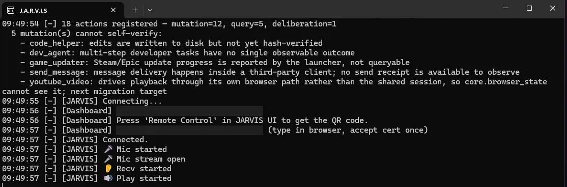 Runtime log at startup: the action registry reports 18 registered actions, then names the five mutations that cannot self-verify and why. Local paths and addresses are redacted.
